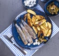 Herring fillets on a plate, baked in the oven potatoes and pickled cucumbers and onions. Delicious traditional food of Holland. Royalty Free Stock Photo