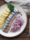 Herring fish with potatoes slices and red onion Royalty Free Stock Photo
