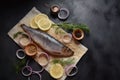 Herring fish  on wooden board  with pepper, herbs, red onion and lemon on black  background. Royalty Free Stock Photo