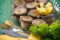 Herring Rolls on Buffet Dish Royalty Free Stock Photo