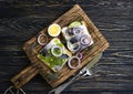 Herring sandwich blue onion dinner cucumber norwegian on wooden background healthy