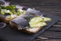 Herring sandwich blue onion dinner on wooden background healthy