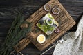 Herring sandwich blue onion gourmet dinner lunch cucumber norwegian on wooden background healthy