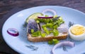 Herring sandwich blue onion dinner yummy norwegian on wooden background healthy