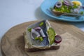 Herring sandwich blue snack diet cuisine gourmet dinner lunch cucumber norwegian on wooden background healthy