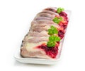 Herring slices stuffed with beetroot and potato arranged in a serving dish Royalty Free Stock Photo