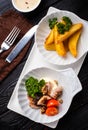 Herring snack with walnuts and cinnamon, garnished with baked po