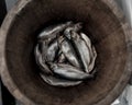 Herring in a wooden barrel - sea fish Royalty Free Stock Photo