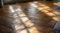 Herringbone wooden floor with sunlight patterns Royalty Free Stock Photo