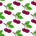 Cherry branch, two red cherries and green leaves. Seamless pattern. Vector illustration Royalty Free Stock Photo