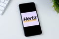 Hertz Car Rental app logo on a smartphone. Manhattan, New York, USA May 2, 2020. Royalty Free Stock Photo