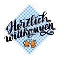 Herzlich willkommen. Welcome. Traditional German Oktoberfest bier festival . Vector hand-drawn brush lettering