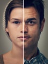 Hes been a charmer since he was a boy. Split image of a young boy and his grown up alter ego. Royalty Free Stock Photo