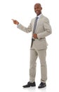 Hes happy to endorse your business. A young african man pointing at copyspace. Royalty Free Stock Photo