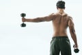 Hes worked hard to look this good. Rearview shot of a shirtless young man working out with dumbbells outside. Royalty Free Stock Photo