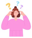 Hesitating woman with question marks. Worried person problem Royalty Free Stock Photo