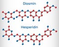 Hesperidin, diosmin, flavonoid molecule. Flavanone glycoside, drugs for treatment of venous disease. Molecule model