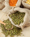 Hessian bag with green mung Royalty Free Stock Photo