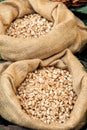 Hessian bags filled with fresh roasted peanuts