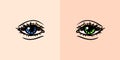 Heterochromia iridum. Multicolored eyes. Retro vector illustration for woodcut or print. Hand drawn sketch.