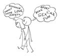 Heterosexual Couple and Different Life Expectations , Vector Cartoon Stick Figure Illustration Royalty Free Stock Photo