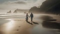 Heterosexual couple walking on the beach, holding hands at sunset generated by AI Royalty Free Stock Photo