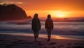 Heterosexual couple walking on the beach, holding hands at sunset. generated by AI Royalty Free Stock Photo