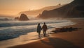 Heterosexual couple walking on the beach at sunset, holding hands generated by AI Royalty Free Stock Photo