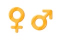 Heterosexual gender symbols mars and venus gold icons. Male and female vector golden signs. Isolated man and woman sex