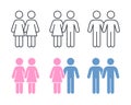 Heterosexual and homesexual couple icons. Men women in a pair hold hands. Line and silhouette icon. Vector set of graphics