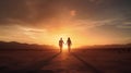 A heterosexual human couple silhouettes holding hands and walking towards dawn at desert, neural network generated photorealistic