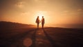 A heterosexual human couple silhouettes holding hands and walking towards dawn at summer field, neural network generated