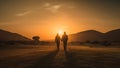 A heterosexual human couple silhouettes holding hands and walking towards dawn at summer field, neural network generated