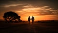 A heterosexual human couple silhouettes holding hands and walking towards dawn at summer field, neural network generated