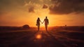 A heterosexual human couple silhouettes holding hands and walking towards dawn at summer field, neural network generated