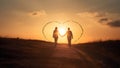 A heterosexual human couple silhouettes holding hands and walking towards dawn at summer field, neural network generated