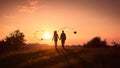 A heterosexual human couple silhouettes holding hands and walking towards dawn at summer field, neural network generated