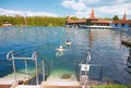 HEVIZ, HUNGARY - 26 May 2017: Bathers in Heviz Thermal Lake Resort, the 2nd largest natural thermal lake in the world in Hungary