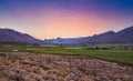 Hex River valley wine farms and mountains with twilight sky