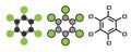 Hexachlorobenzene (perchlorobenzene, HCB) banned fungicide molecule. Persistent Organic Pollutant and probable human carcinogen