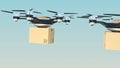 Hexacopter drones delivery cardboard packages in formation