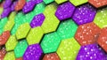 Hexadecimal symbols on abstract hexagons. Programming, mathematics or digital technology related 3D rendering