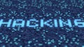 Hexadecimal symbols on a blue computer display compose HACKING word. 3D rendering