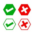 Hexagon check mark and x or confirm and deny, hexagon button checkmark for apps or websites, icon checklist choice, checkbox Royalty Free Stock Photo