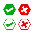 Hexagon check mark and x or confirm and deny, hexagon button checkmark for apps or websites, icon checklist choice, checkbox