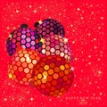 Hexagon disco balls with stars and sparkles on a bright red color background