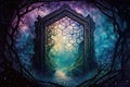 Hexagon gate into a magical fairy world. Abstract dimensions design. Colorful portal in the enchanted woods.