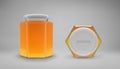 Hexagon glass honey jar with a lid. Realistic 3D illustration. Vector