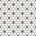 Hexagon grid cells with glitter polka vector seamless pattern.