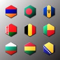 Hexagon icon set. Flags of the world with official RGB coloring and detailed emblems